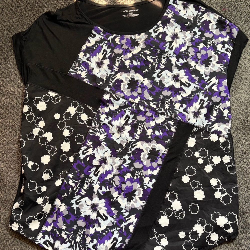 Lane Bryant Black and Purple Floral Patchwork Short Sleeve Top